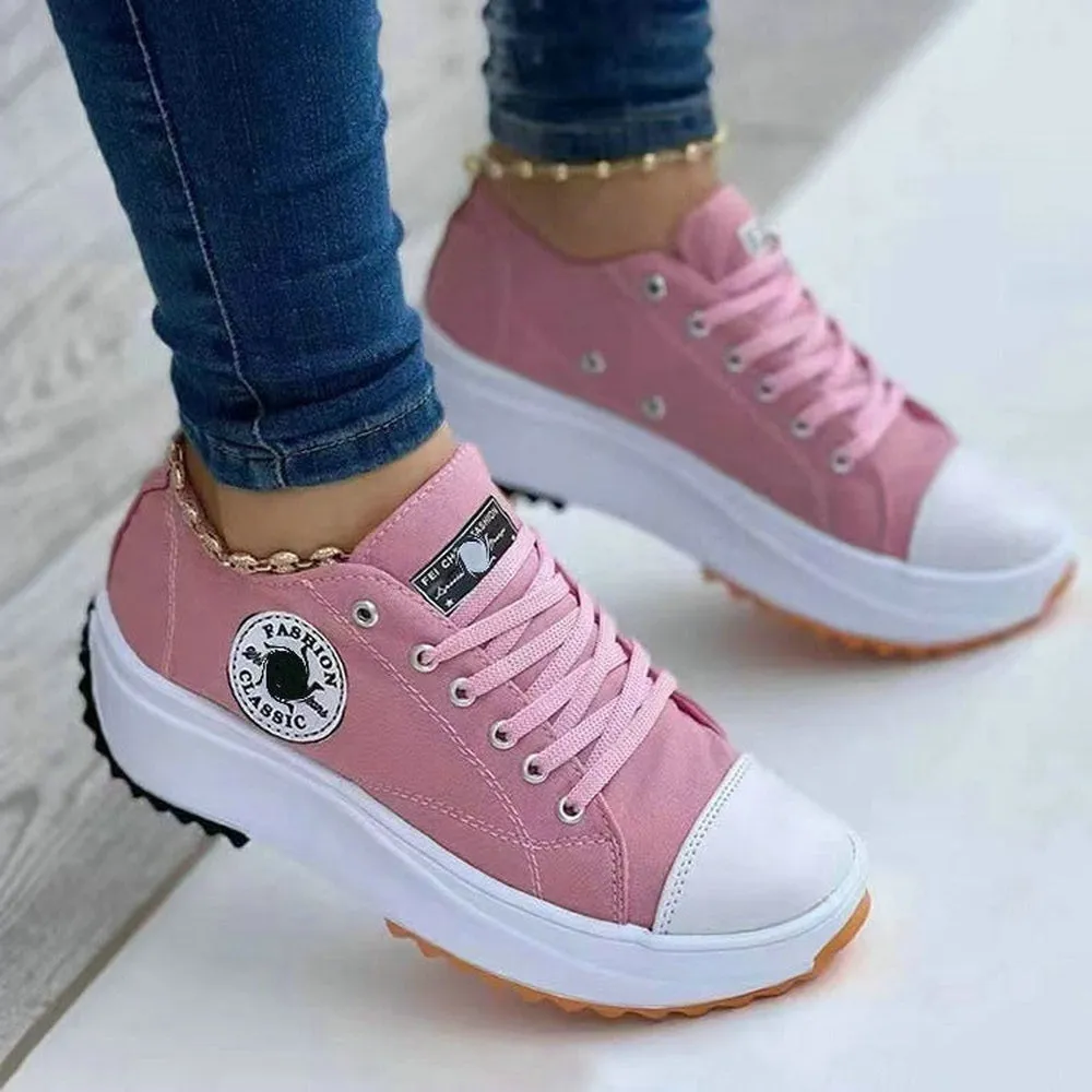 Classic White Canvas Shoes Women Sneakers Solid Lace-Up Casual Platform Shoes for Women