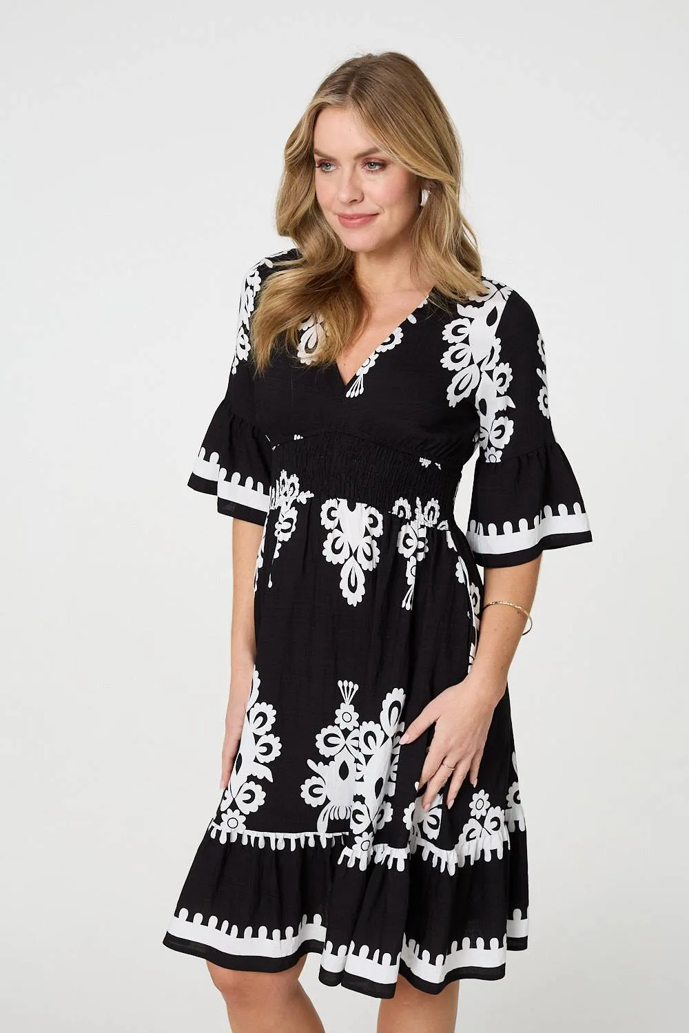 Ikat Print 1/2 Sleeve Relaxed Short Dress