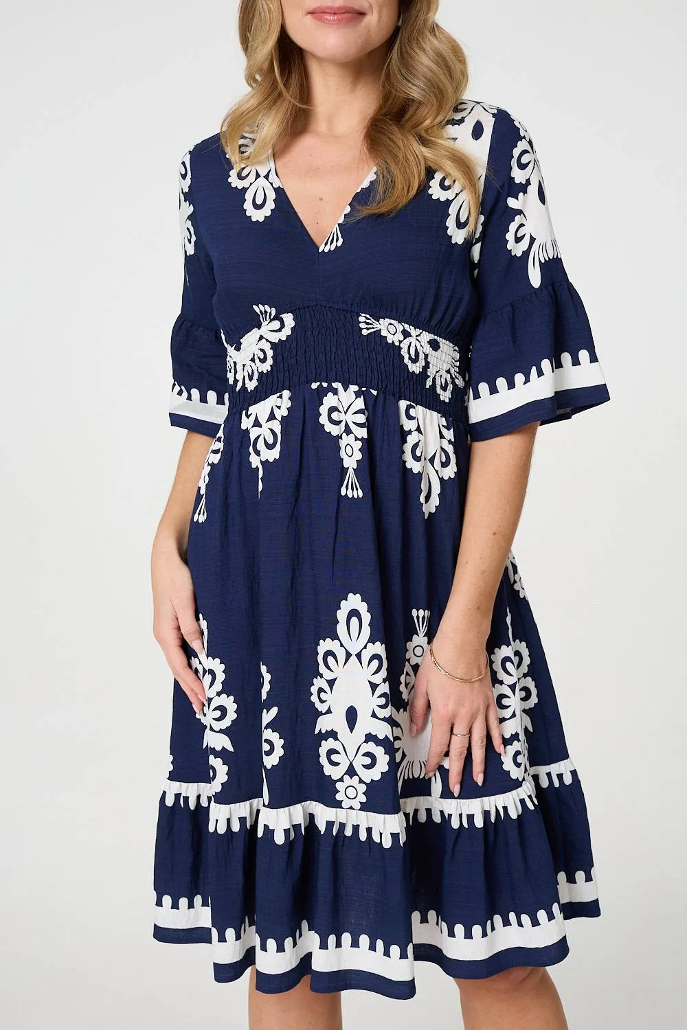 Ikat Print 1/2 Sleeve Relaxed Short Dress