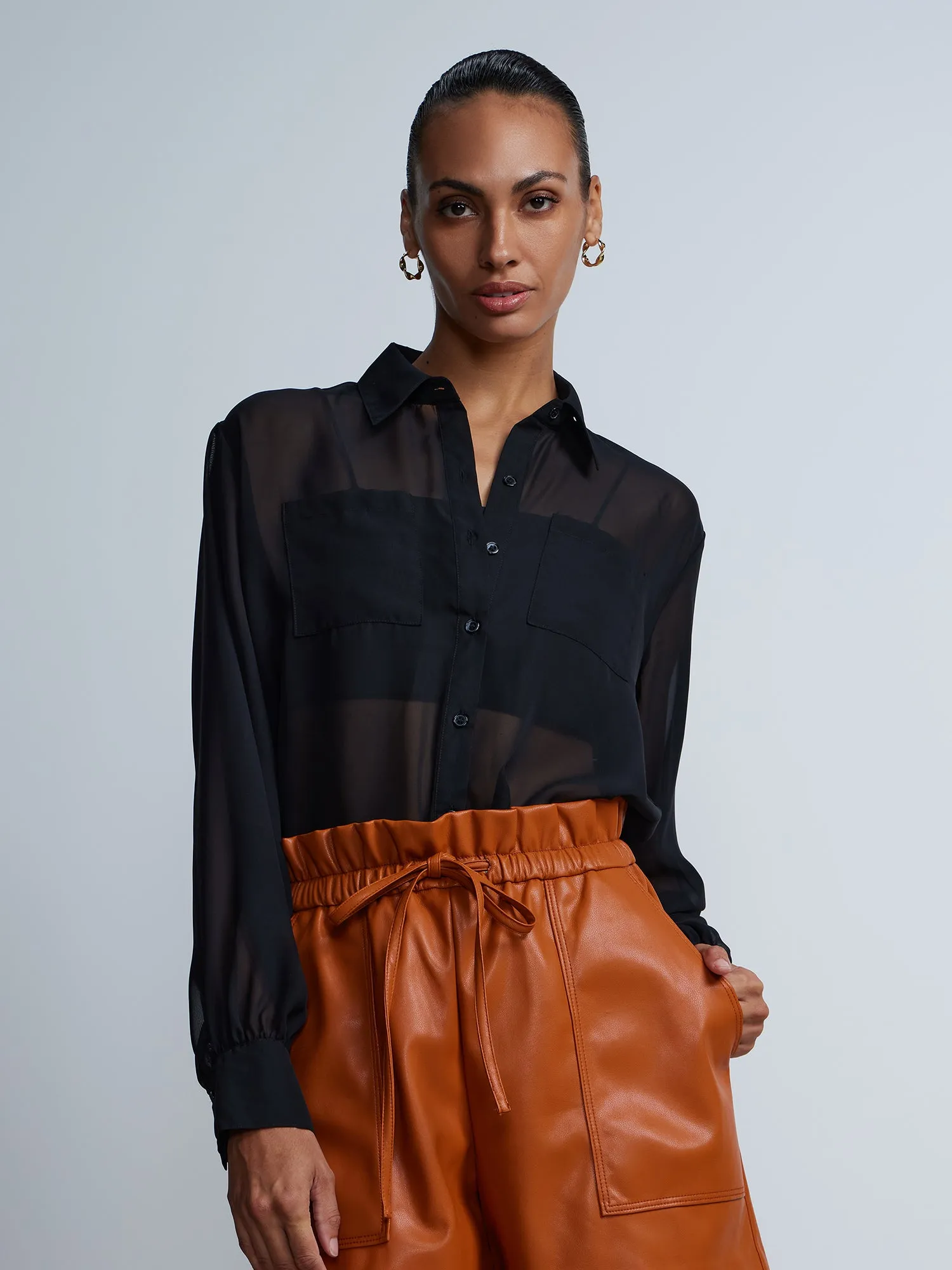 Long Sleeve Button-Front Chiffon Shirt