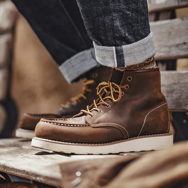Vintage 875 High-Top Ankle Boots for Men - Durable Leather Cowboy Style, Winter Round Toe Safety Work Shoes