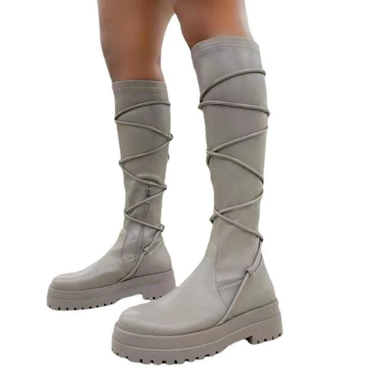 Women’s Lace-Up Platform Boots – High Tube, Chunky Heel