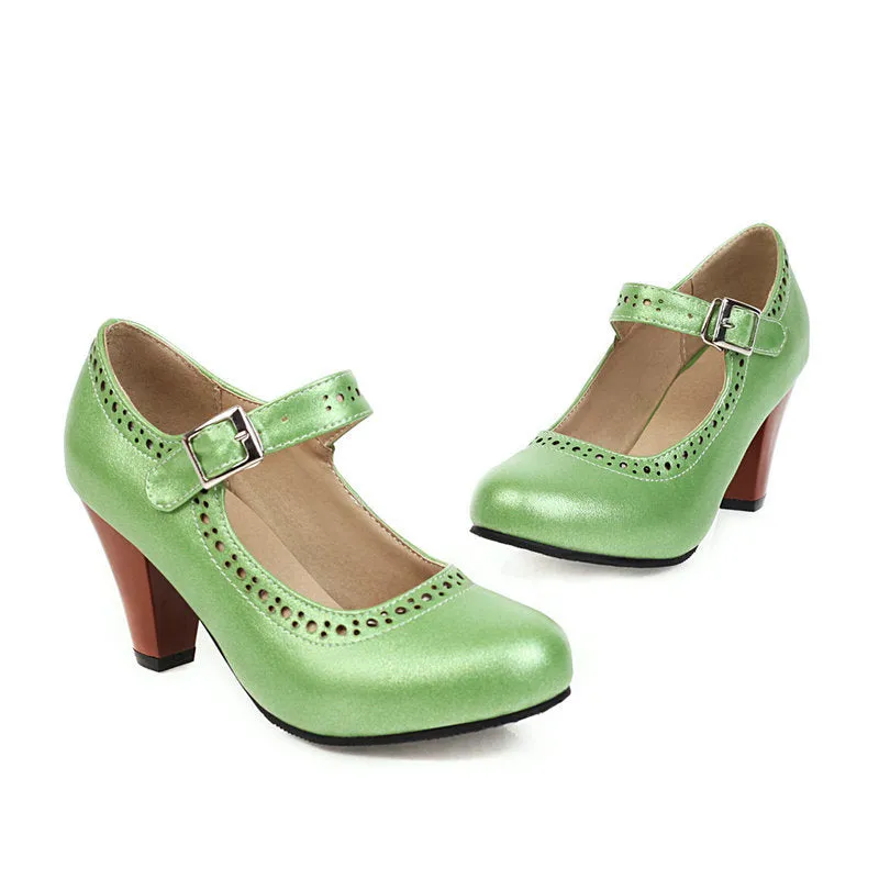 Women's retro brogue marry jane shoes chunky high heels round toe oxfords dress shoes